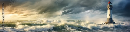 Lighthouse in Storm, Stormy Ocean Landscape and Lighthouse