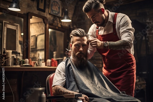 Professional hairdresser styling and cutting hair for a satisfied client in a trendy barber shop