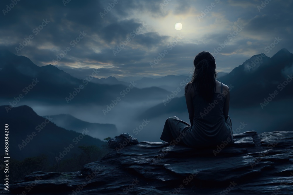 Serene mountain repose: girl finding tranquility in nature's embrace, panoramic relaxation amid breathtaking landscapes. Serene mountain repose: girl finding tranquility in nature's embrace, panoramic relaxation amid breathtaking landscapes.