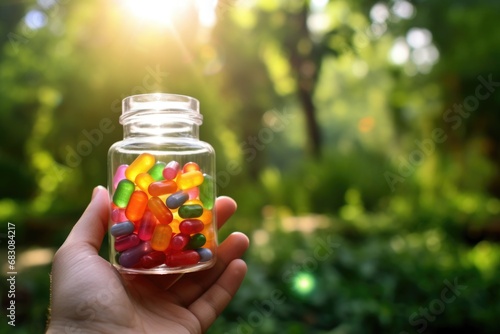 Vibrant image: chewable vitamins in a glass jar, Gummy supplements tempting in a colorful array photo
