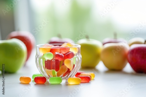 Colorful nutrition boost  Gummy supplements in a glass jar  offering chewable vitamins for a vibrant start