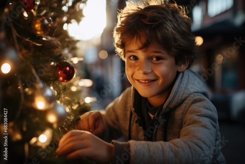 Merry Moments Unveiled: Capture the essence of merriment as a boy unveils the beauty of the Christmas tree adorned with gleaming decorations