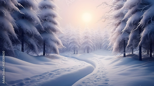 Digital oil painting of winter solstice in isolated snowy forest after snow fall. Beautifully natural winter scene, blizzard trees, snow © Prasanth