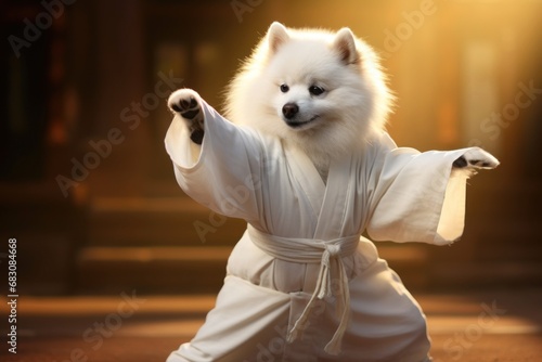 Kung fu master Spitz dog dressed in white practice uniform in Kung fu Pose in forest. Doggy practicing Martial Arts. Concept of strengthening spirit and body, self development. Funny animals