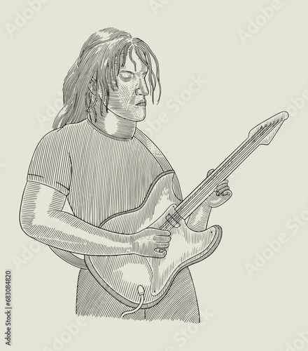Guitarist playing his electro bass guitar, vintage engraving drawing style illustration