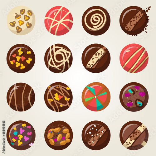 Set flat icons of colorful chocolate desserts and candies Isolated on white Background