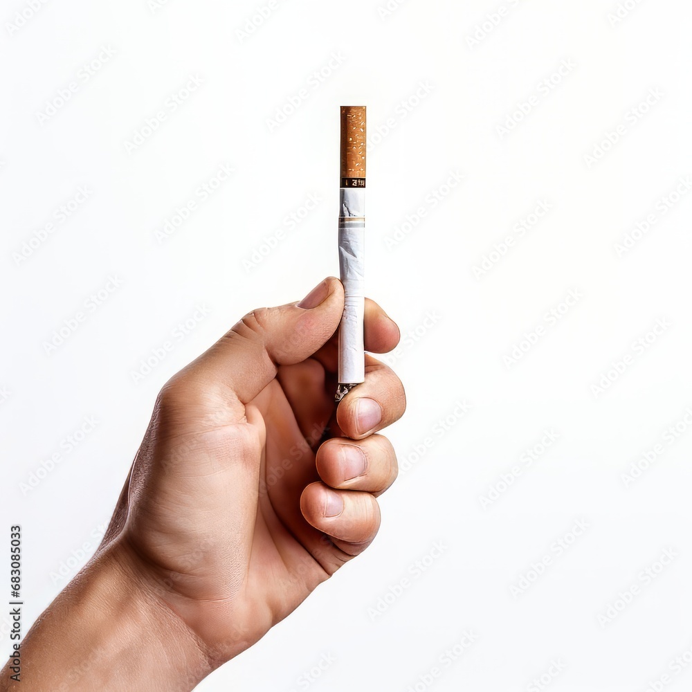 A cigarette, held vertically by a hand, isolated on a white background. - obrazy, fototapety, plakaty 