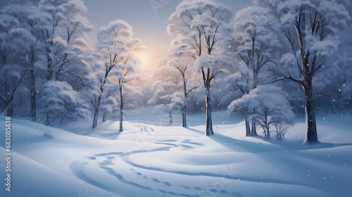 Digital oil painting of winter solstice in isolated snowy forest after snow fall. Beautifully natural winter scene, blizzard trees, snow © Prasanth