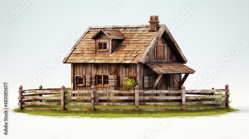 Rustic wooden farm house isolated in white background