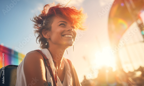 Candid happy young lesbian woman smiling celebrating gay pride LGBTQ festival photo