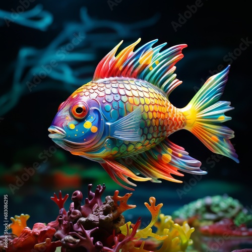 In a coral reef, a rock beauty fish swims with elegance, showcasing vibrant colors beneath the transparent blue ocean water.