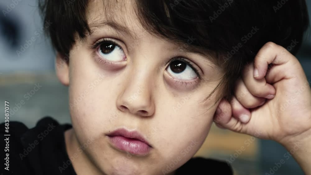 Deep in Daydreams of Young Boy's Bored Stare and Eye Roll, Close-Up Contemplation Deep in Daydreams of Young Boy's Bored Stare and Eye Roll, Close-Up Contemplation