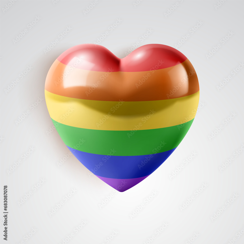3D rainbow heart with glares and shadow on white basckground. LGBT symbol. LGBTQIA+ Pride month celebration. 3D rainbow heart with glares and shadow on white basckground. LGBT symbol. LGBTQIA+ Pride month celebration.