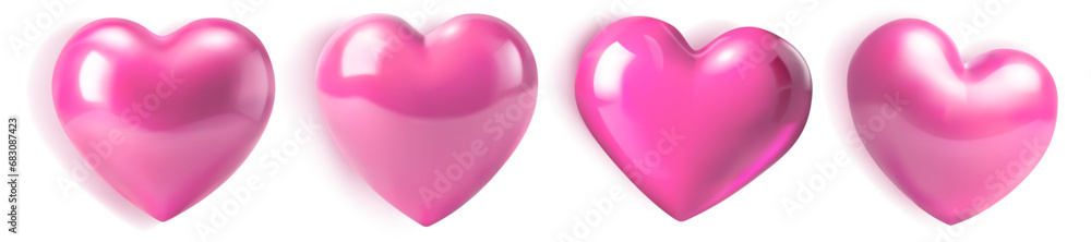 Set of beautiful pink hearts with glares and shadows on white background Set of beautiful pink hearts with glares and shadows on white background