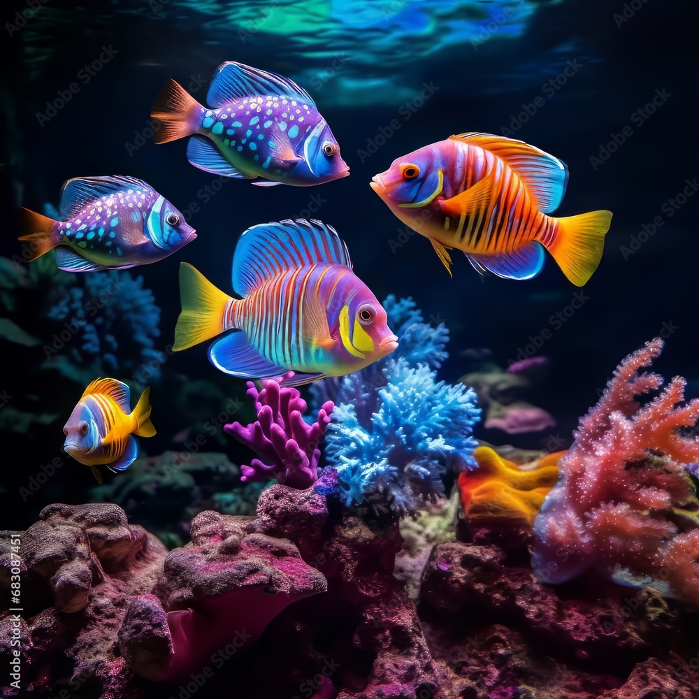 Darting through coral reefs are brightly colored tropical fish.