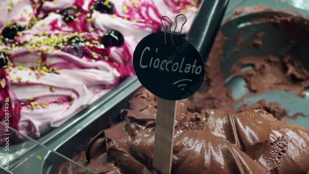 Icecream parlor flavors on display behind glass counter, chocolate