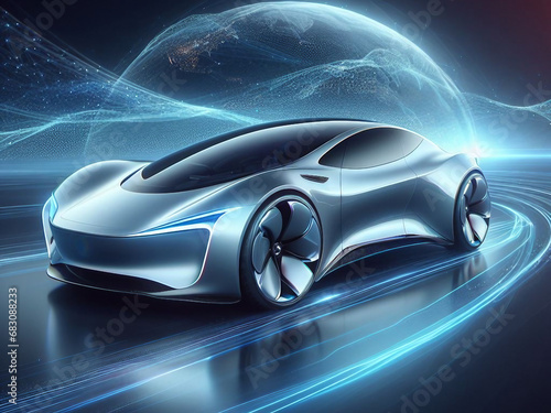 Driverless car or autonomous car, sleek futuristic electric mobile. aerodynamic