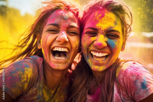 Two indian young female friends celebrating Holi party. Happy Holi. festival of colors