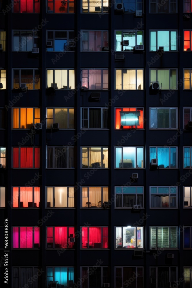 Colorful windows of a building at night. Generative AI. Colorful windows of a building at night. Generative AI.
