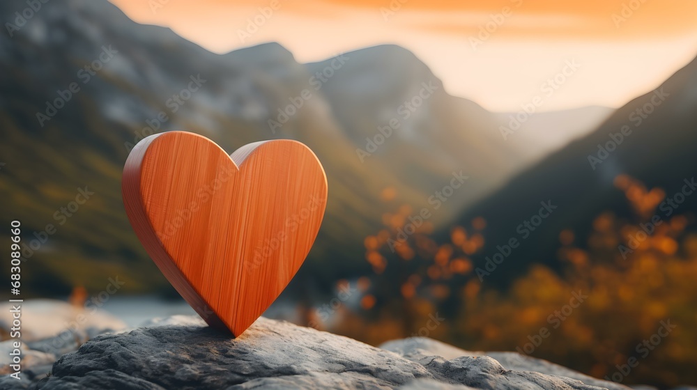 Fototapeta premium Close up of a light orange wooden Heart in the Mountains. Blurred natural Background