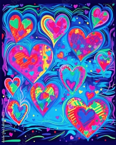 Hearts with Neon Paint Effect. Design for Valentine s Day. Background with heart fluorescent effect
