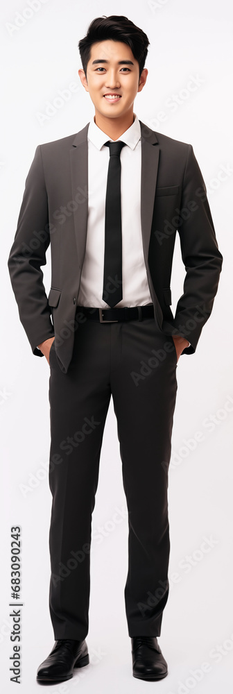 full body view of young asian male man wearing business suit . white background . generative ai