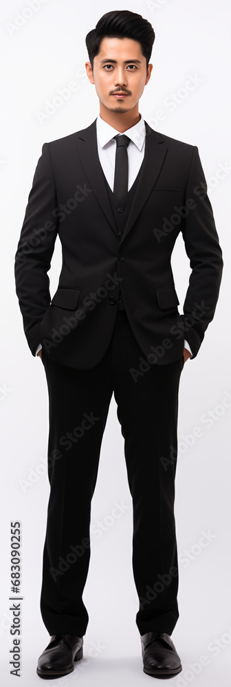 full body view of young asian male man with mustache wearing business suit . white background . generative ai full body view of young asian male man with mustache wearing business suit . white background . generative ai
