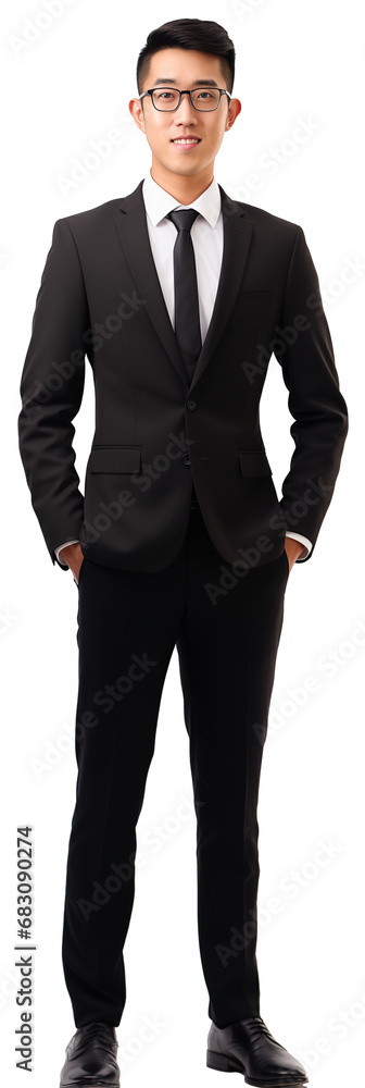 full body view of young asian male man wearing business suit and glasses . white background . generative ai full body view of young asian male man wearing business suit and glasses . white background . generative ai