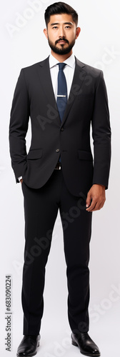 full body view of young asian male man with beard wearing business suit . white background . generative ai