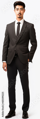 full body view of young asian male man with mustache wearing business suit . white background . generative ai photo