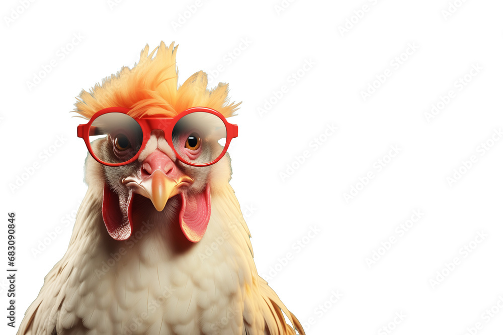 portrait of a chicken with red glasses isolated on transparent