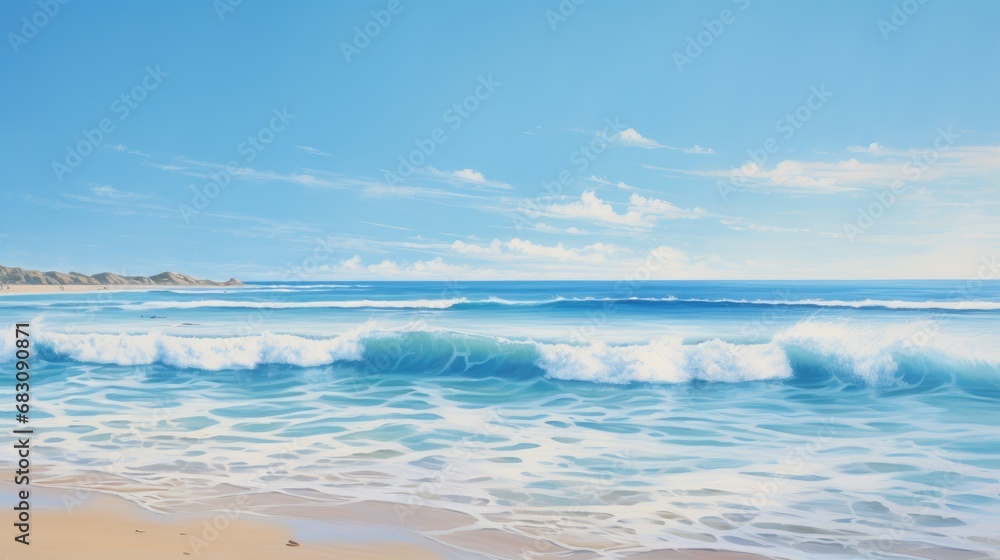 Coast of the ocean, sea. Azure surf near the shore. Yellow sand and wave. Seaside holidays, tourism