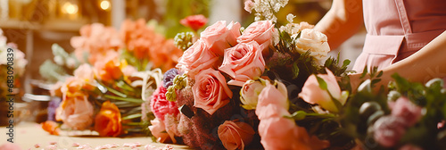 Close-up image of a florist's hand making a bouquet in a nice florist shop. photo