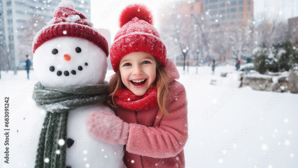 Happy child girl hugs a snowman against the backdrop of a winter snowy city square. Happy child girl hugs a snowman against the backdrop of a winter snowy city square.