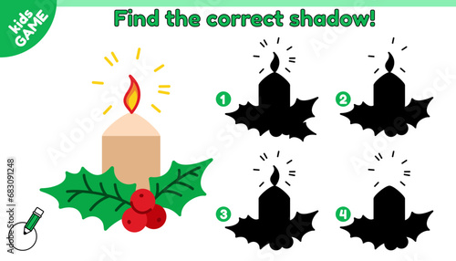 Educational kids game. Find the correct shadow. Cartoon Christmas candle with mistletoe. Puzzle for school and kindergarten education. New Year holiday activity book for children. Vector illustration.