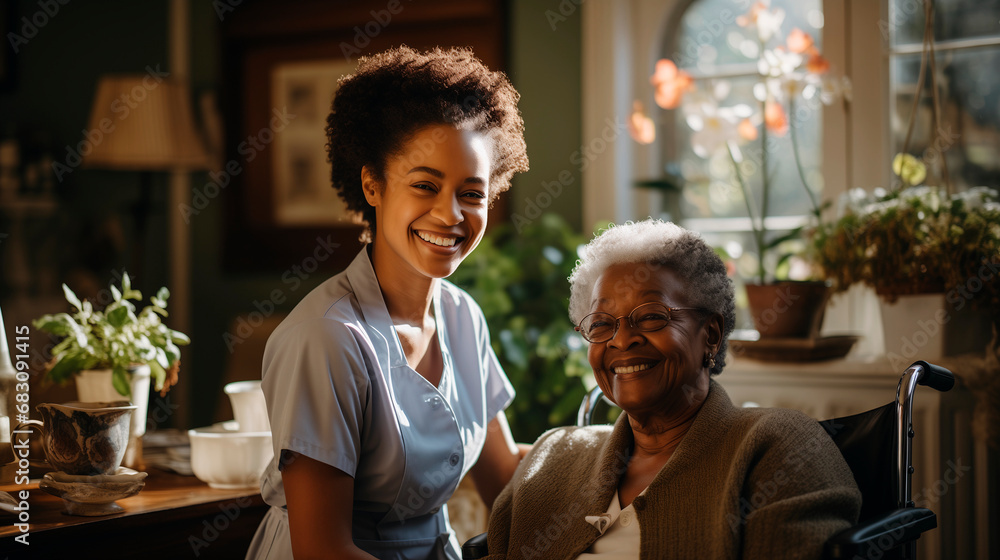 Therapeutic companion, nurse, medical Afro woman with old woman elderly patient in a wheelchair, health check Therapeutic companion, nurse, medical Afro woman with old woman elderly patient in a wheelchair, health check