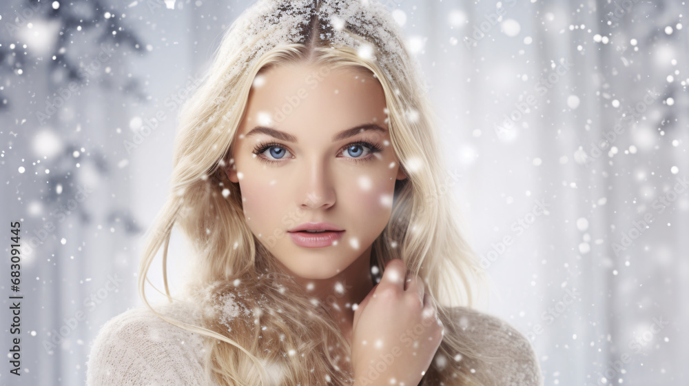Frozen Elegance: Enchanting Winter Wonderland with Falling Snowflakes, Featuring a blonde Model in Dreamlike Serenity