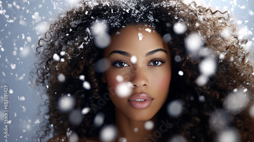 Frozen Elegance: Enchanting Winter Wonderland with Falling Snowflakes, Featuring a black Model in Dreamlike Serenity
