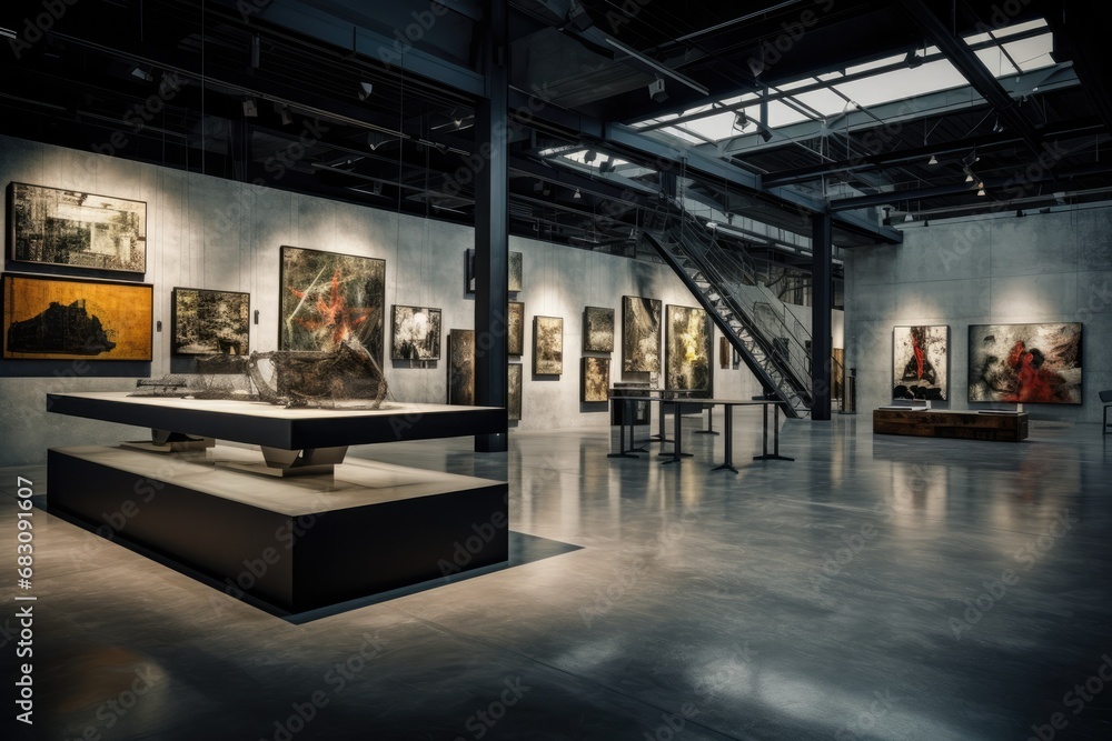 Fototapeta premium Urban Elegance: Industrial-Inspired Art Gallery with Concrete and Wood Design