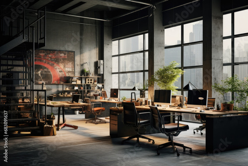Urban Elegance: Cinematic Industrial Atmosphere in Modern Office with Concrete and Wood Accents © ChaoticMind