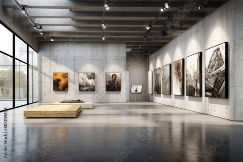 Urban Elegance: Industrial-Inspired Art Gallery with Concrete and Wood Design photo