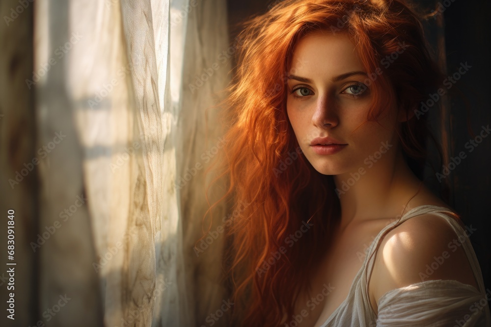 Fototapeta premium Canvas of Elegance: Portrait of a Red-haired Irish Artist in her Cinematic Art Studio