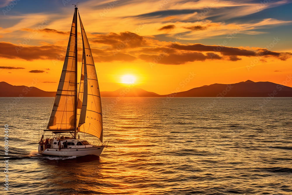 illustration of a sailboat on the sea at sunset. Created with Generative AI
