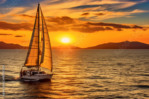 illustration of a sailboat on the sea at sunset. Created with Generative AI