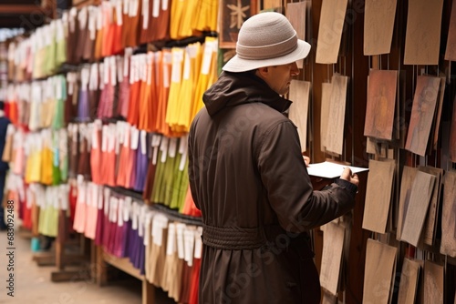 A man standing in front of a wall of colored papers