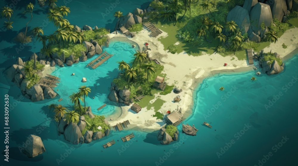 A computer generated island with palm trees and rocks