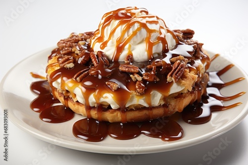 A white plate topped with a waffle covered in ice cream and caramel sauce