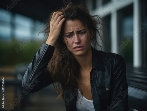 Mulher com expressão de tristeza e raiva. Problemas como depressão, ansiedade e transtornos podem ser associados a imagem para qualquer uso. photo