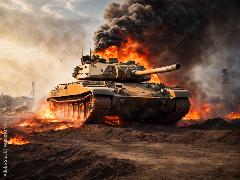 Tank in a war with a big explosion and fire