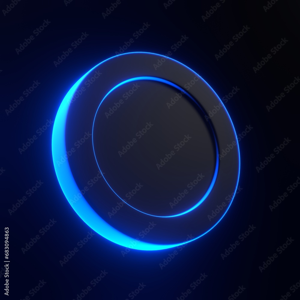 Coin with bright glowing futuristic blue neon lights on black background. 3D icon, sign and symbol. Cartoon minimal style. 3D render illustration Coin with bright glowing futuristic blue neon lights on black background. 3D icon, sign and symbol. Cartoon minimal style. 3D render illustration